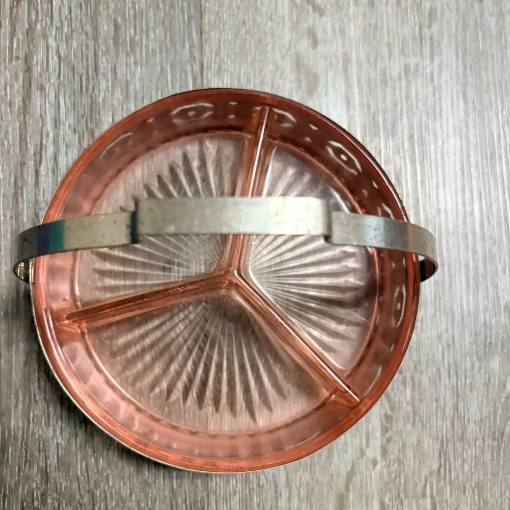 Vintage Pink Depression Glass 3 Part Divided Relish Dish Metal Carrier Handle